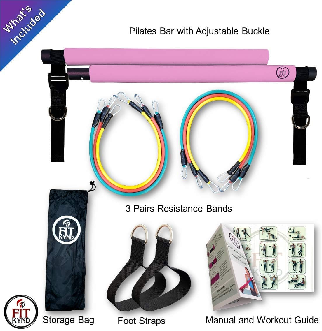 Portable Pilates Bar Kit with Resistance Bands, 6 Stackable Tension Ropes, Adjustable Strap Length, Foot Loops, Home Workout Equipment for Women. Fitness Exercises for Strength Training.