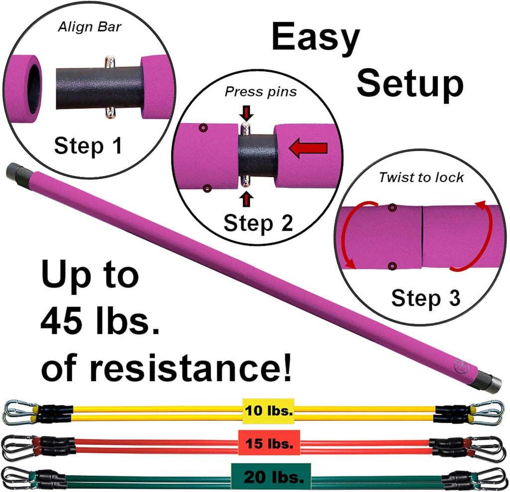 Portable Pilates Bar Kit with Resistance Bands, 6 Stackable Tension Ropes, Adjustable Strap Length, Foot Loops, Home Workout Equipment for Women. Fitness Exercises for Strength Training.