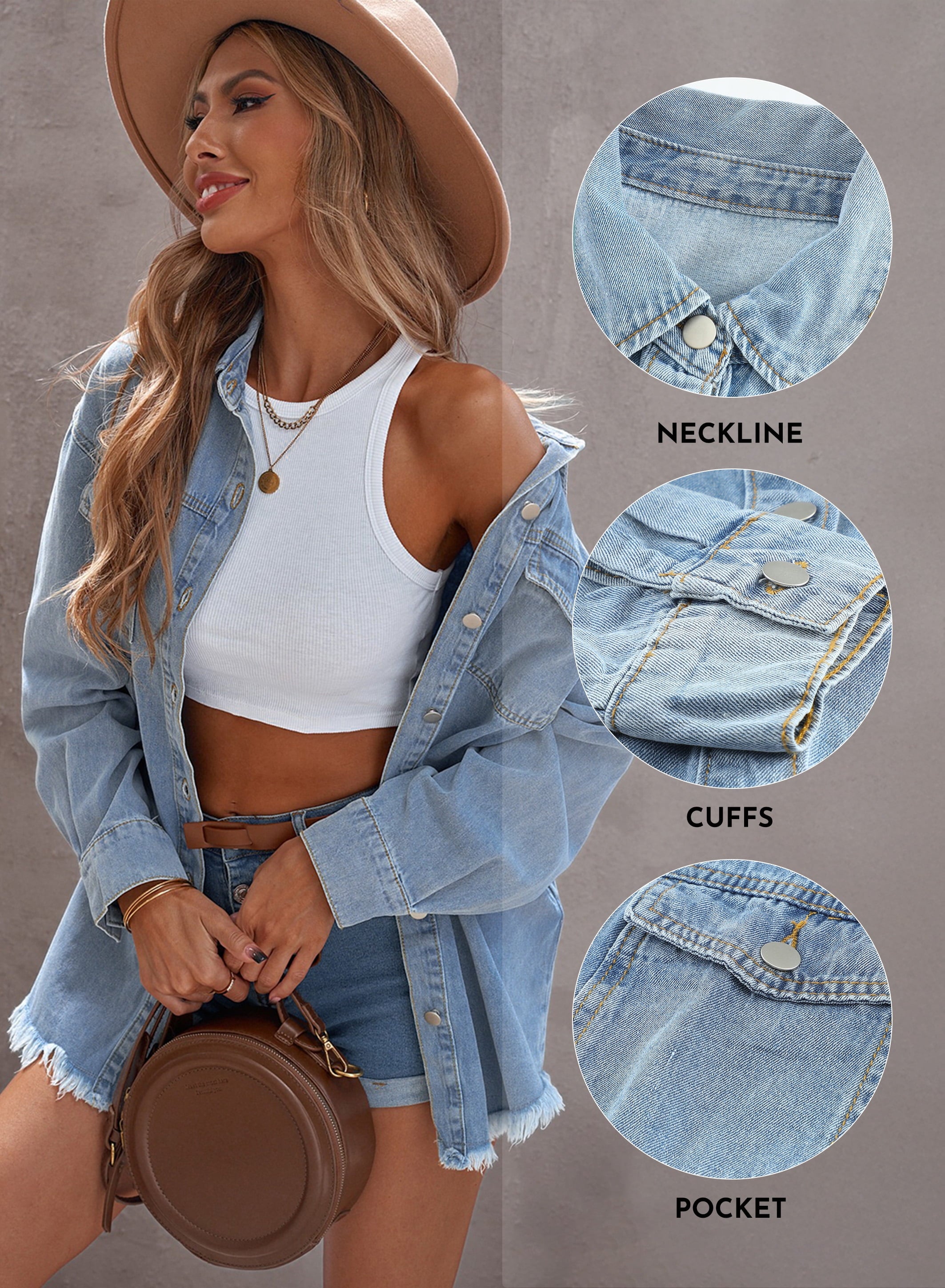 Denim Jacket for Women Long Sleeve Boyfriend Jean Jacket Loose Coat White XL Female