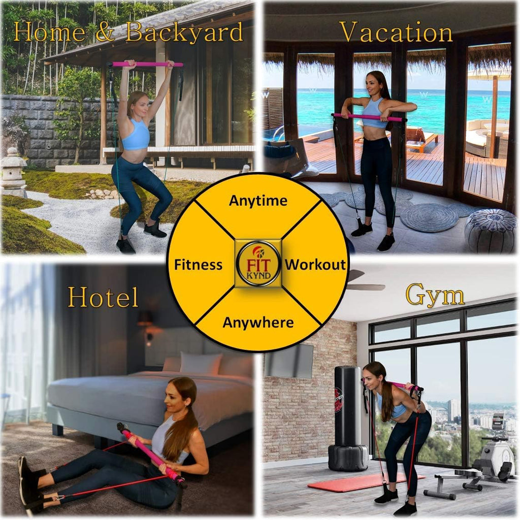 Portable Pilates Bar Kit with Resistance Bands, 6 Stackable Tension Ropes, Adjustable Strap Length, Foot Loops, Home Workout Equipment for Women. Fitness Exercises for Strength Training.