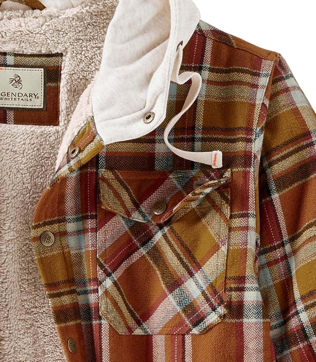 Men'S Hooded Shirt Jacket Plaid Flannel Berber Lined Polyfill Insulated