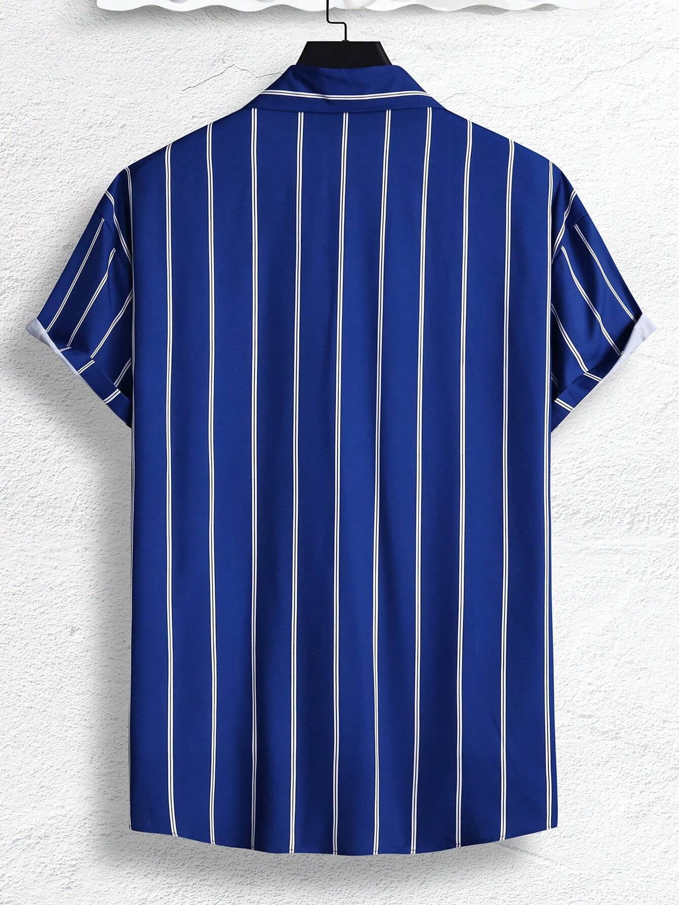 Manfinity Homme Men Striped Print Graphic Colorful Casual Short Sleeve Shirt without Tee, for Boyfriend Gift Stripe Shirt for Menroyal Blue Shirt Men, Blue Black and White Shirts Men, Men Stripe Shirt, Blue Striped Shirt, Men Short Sleeve Dress Shirt