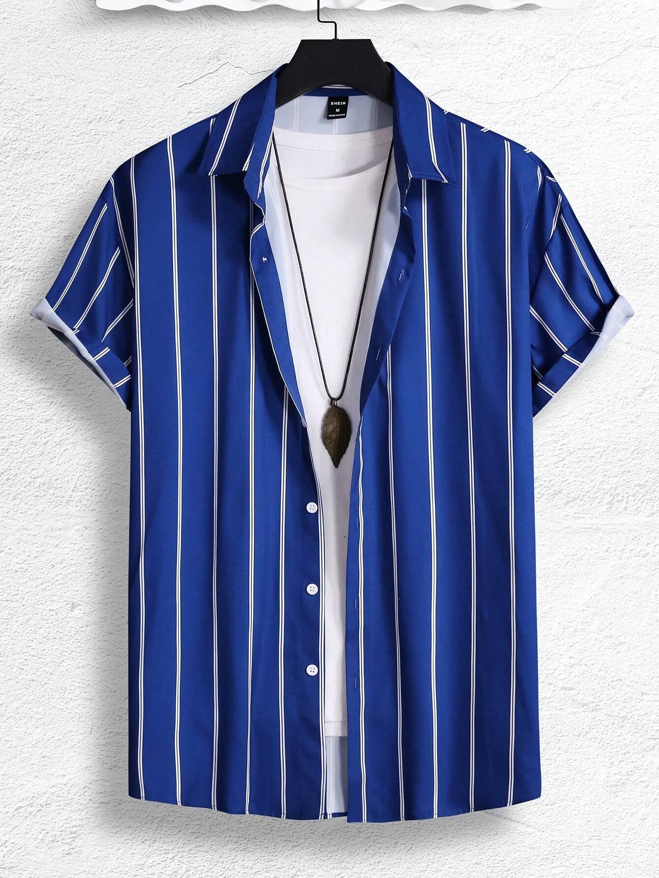 Manfinity Homme Men Striped Print Graphic Colorful Casual Short Sleeve Shirt without Tee, for Boyfriend Gift Stripe Shirt for Menroyal Blue Shirt Men, Blue Black and White Shirts Men, Men Stripe Shirt, Blue Striped Shirt, Men Short Sleeve Dress Shirt