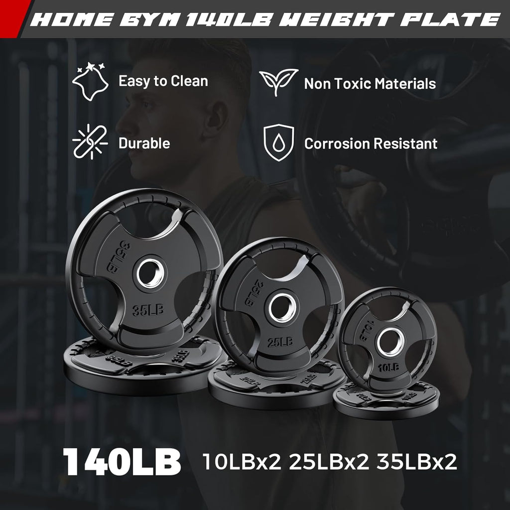 Squat Rack Power Cage Home Gym Package, Includes 1000LBS Power Rack with LAT Pull Down, Weight Bench, Rubber/Bumper Plates Set with Olympic Barbell (Package 1.2K (Rubber Plate 140Lbs))-Orange